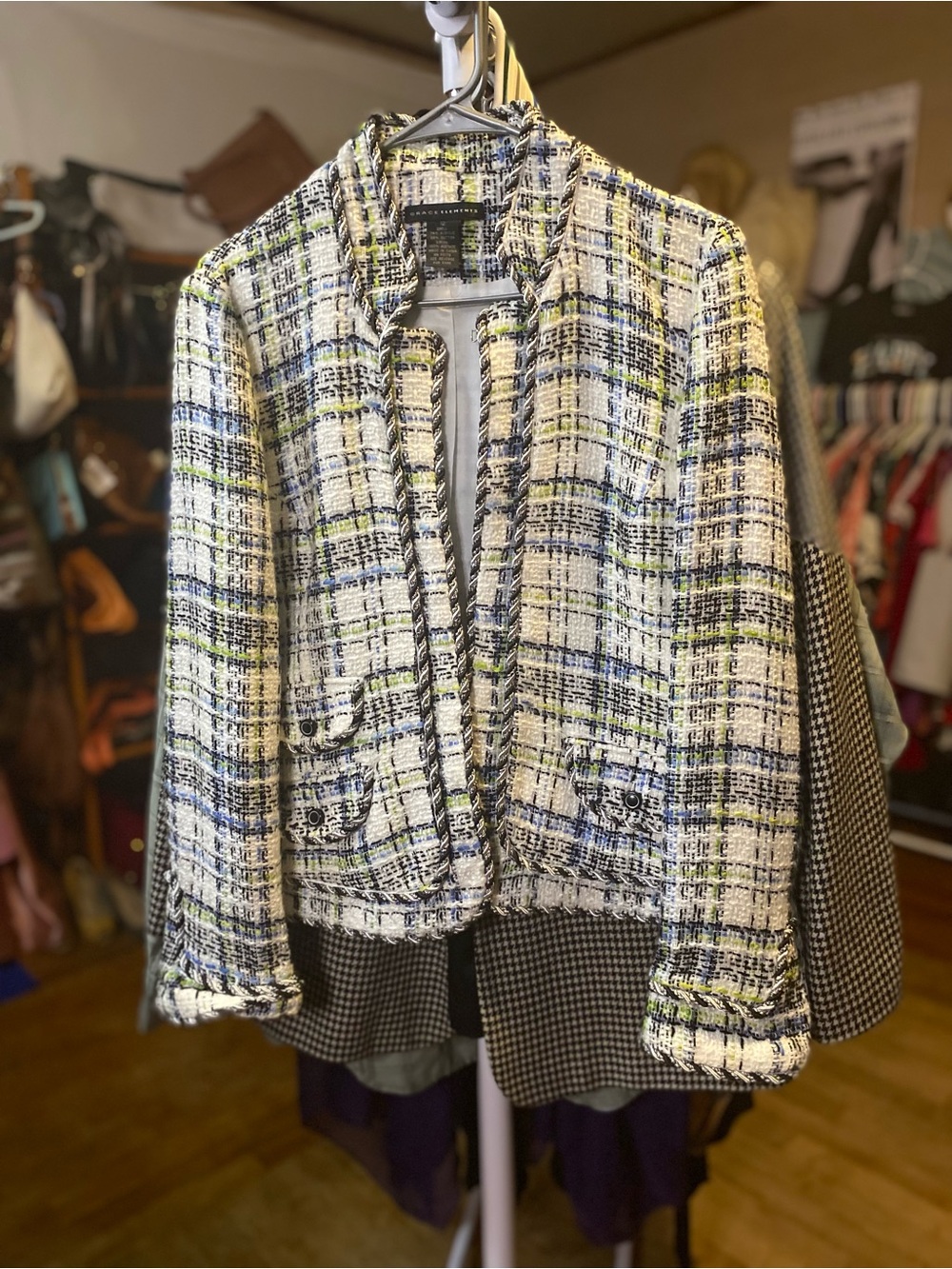 Grace Elements Cream, Blue & Green Plaid Tweed Blazer